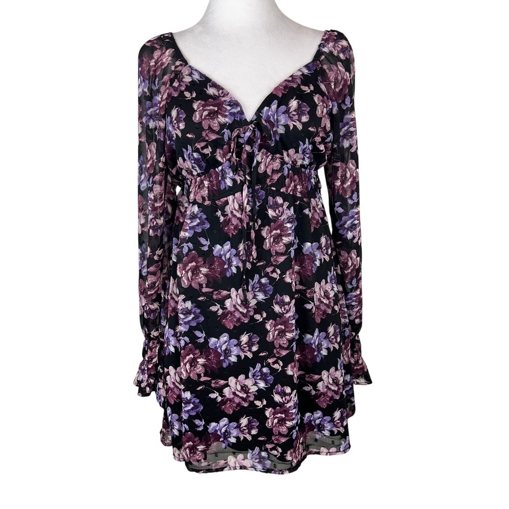 Francescas Floral Babydoll Dress Black Purple Coquette Small Milkmaid Cottage